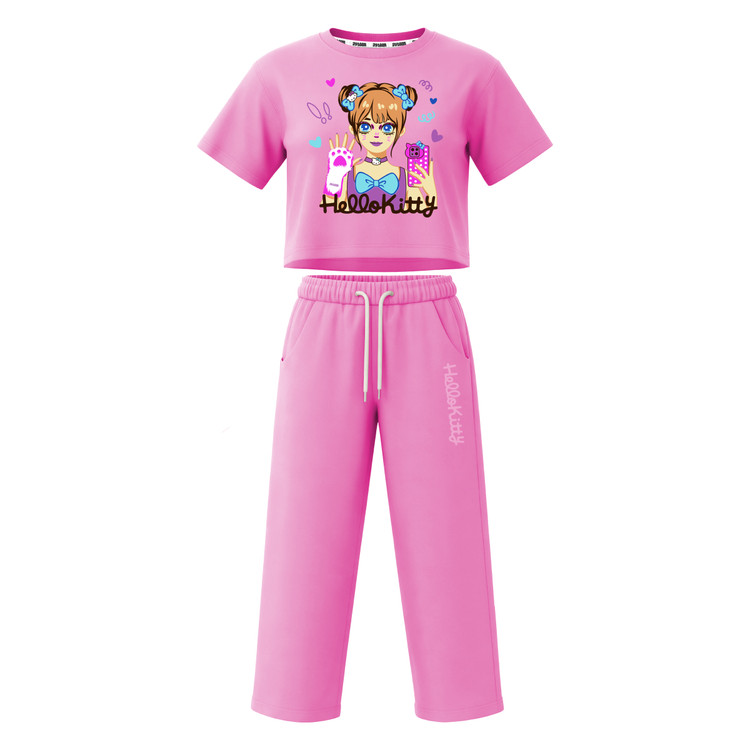 ست تیشرت آستین کوتاه کراپ باکسی و شلوار بگ دخترانه طرح کیتی hello kitty