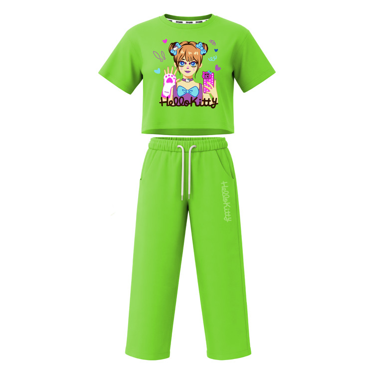 ست تیشرت آستین کوتاه کراپ باکسی و شلوار بگ دخترانه طرح کیتی hello kitty
