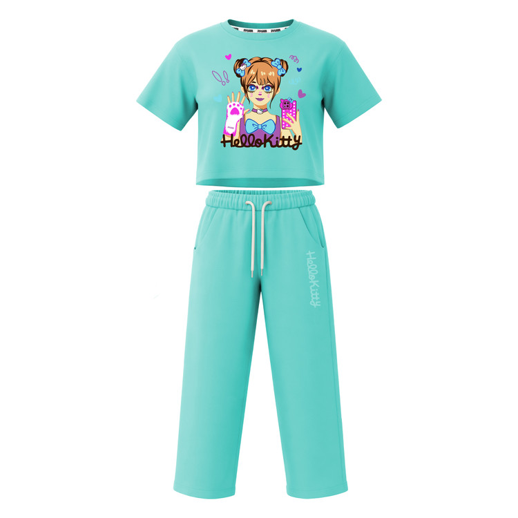 ست تیشرت آستین کوتاه کراپ باکسی و شلوار بگ دخترانه طرح کیتی hello kitty
