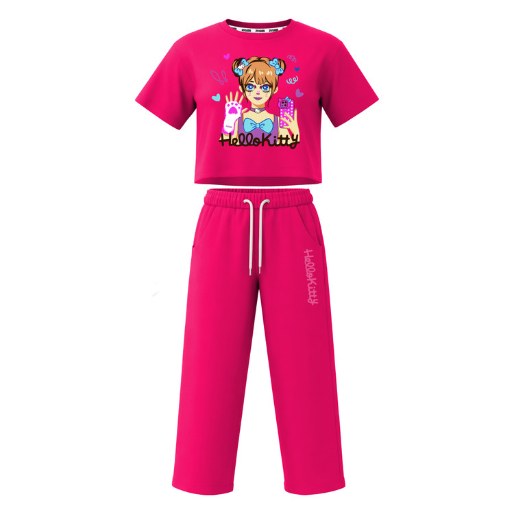 ست تیشرت آستین کوتاه کراپ باکسی و شلوار بگ دخترانه طرح کیتی hello kitty
