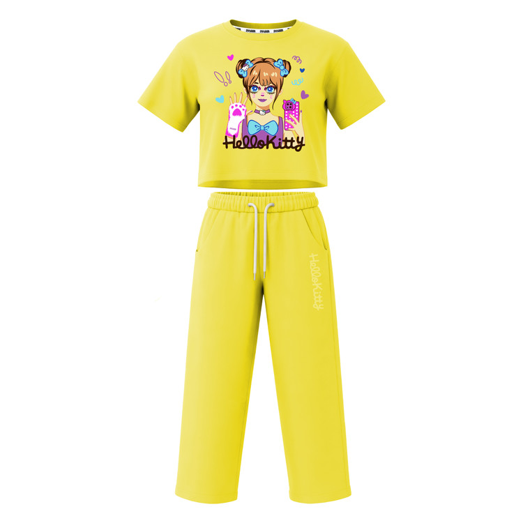 ست تیشرت آستین کوتاه کراپ باکسی و شلوار بگ دخترانه طرح کیتی hello kitty